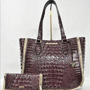 SET of Brahmin Medium Lena LeatherTote/Shoulder Bag + Ady Wallet in Fig Moliere
